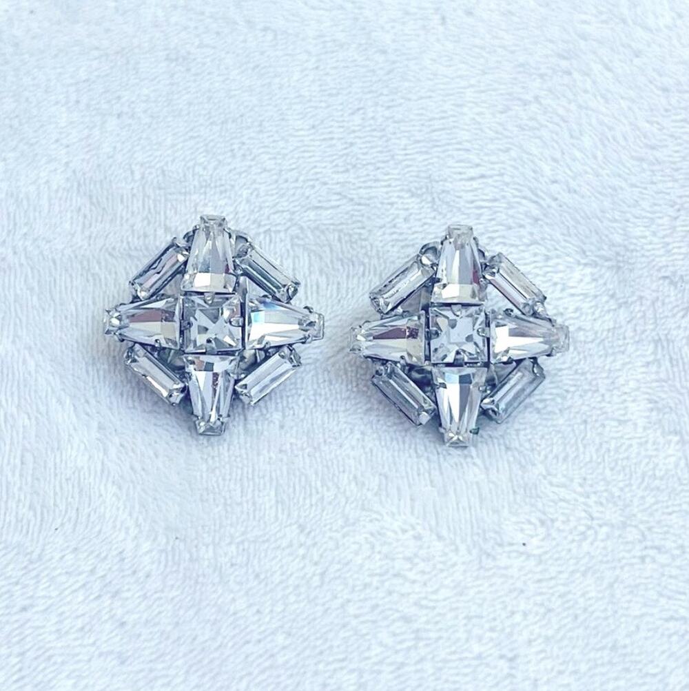 Vtg Signed WEISS 50s MCM Rhinestone Baguette Clip EARRINGS Mid-Century Modern